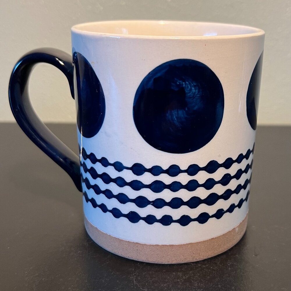 POTTER'S STUDIO White Ceramic Mug with Large Indigo Cobalt Blue Polka Dots